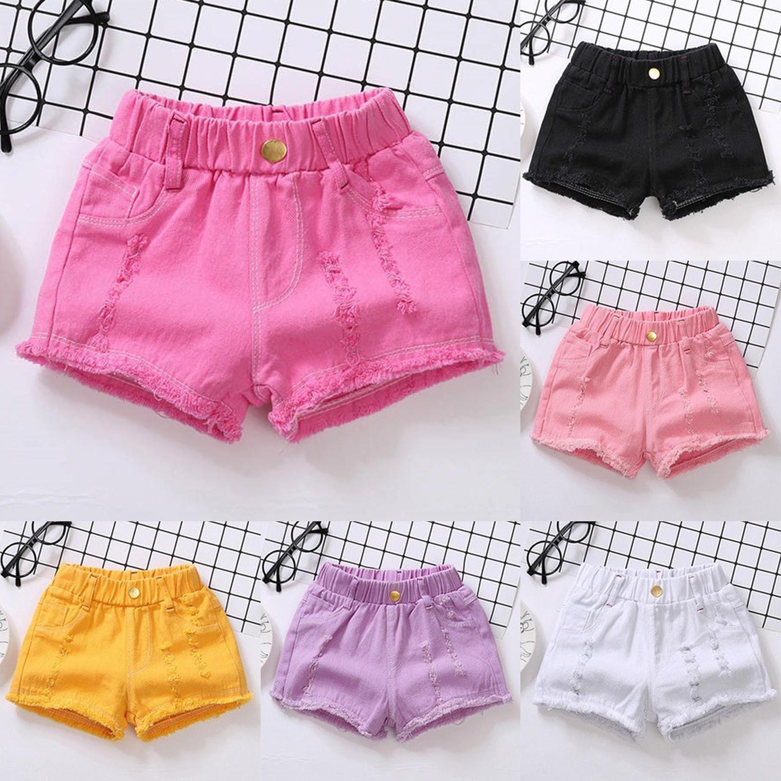 NAISIBABY Denim Shorts for Girls, Elastic Waist Solid Color Ripped Kids Casual Outwear Jeans Hot Pink 5-6T